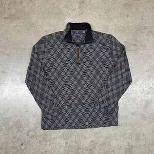Alan Flusser Grey Plaid Quarter Zip Pullover Classic Menswear Men's M